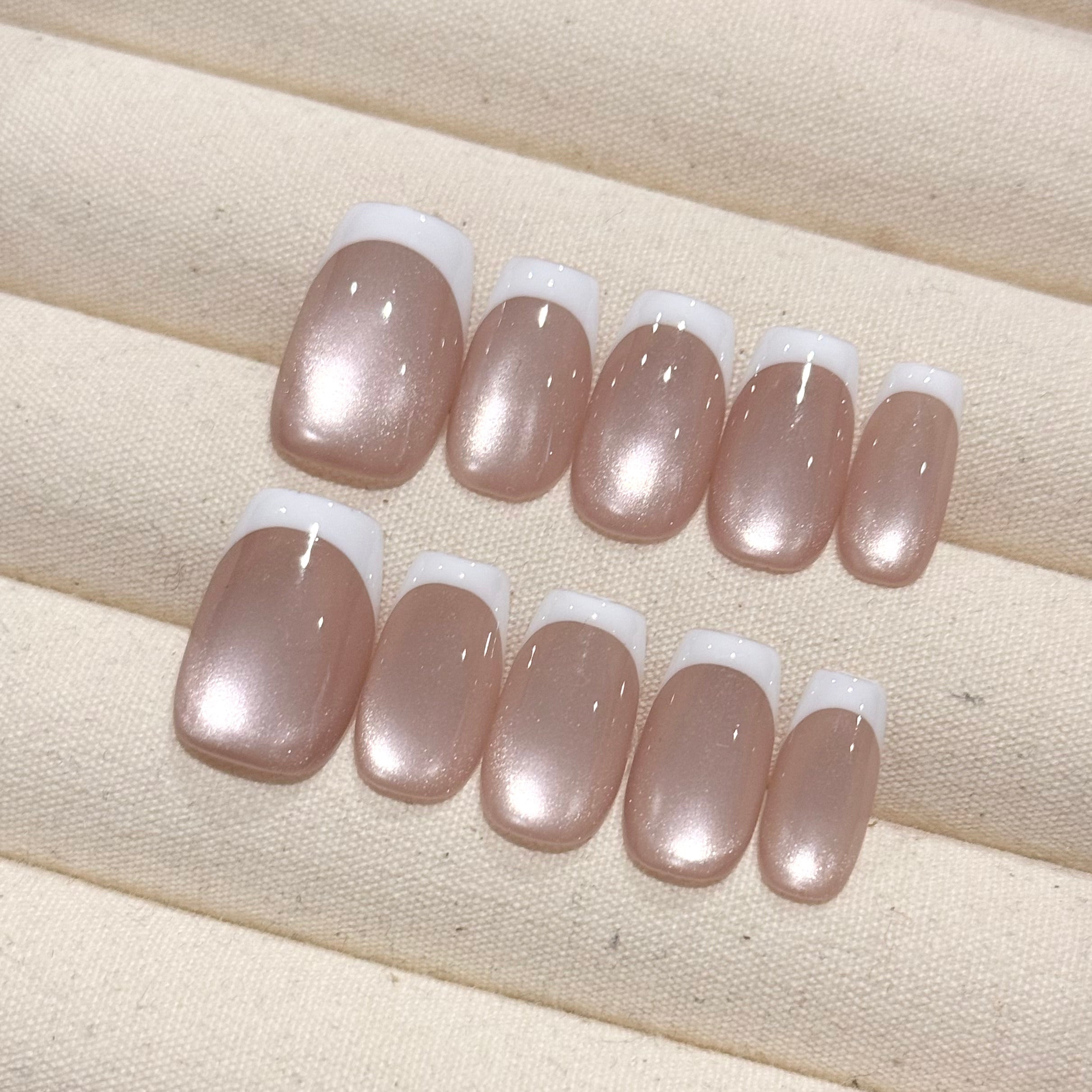 Image of Moonlit French Tip Cat-Eye, Handmade Press On Nails,Salon Premium Quality ,10pcs,Puffcat-Nail