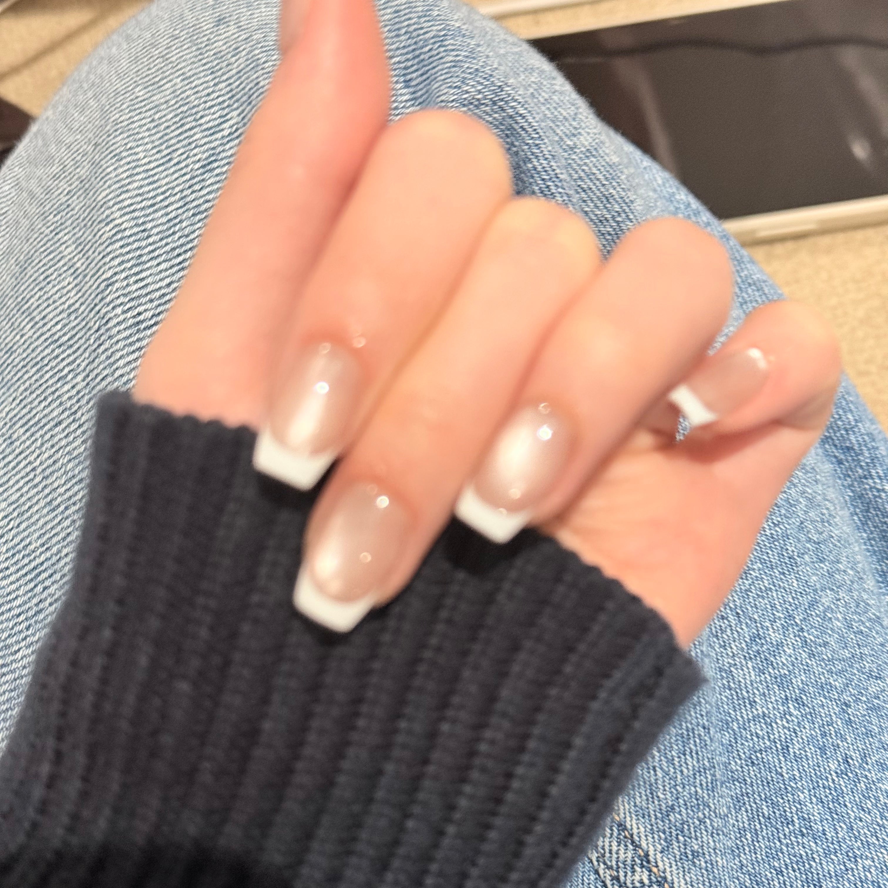 Image of Moonlit French Tip Cat-Eye, Handmade Press On Nails,Salon Premium Quality ,10pcs,Puffcat-Nail