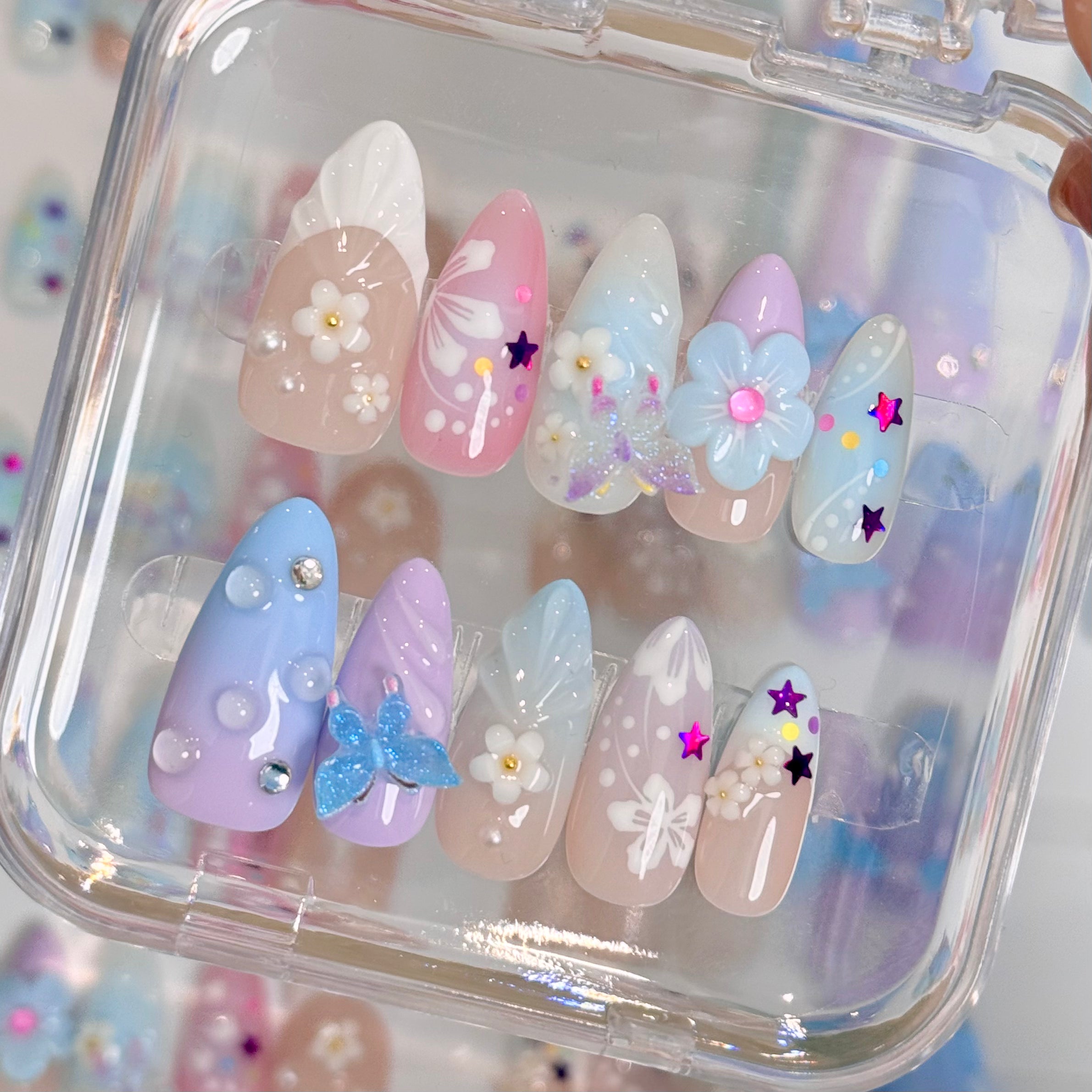 Image of 3D Fairy Garden , Handmade Press On Nails,Salon Premium Quality ,10pcs,Puffcat-Nail